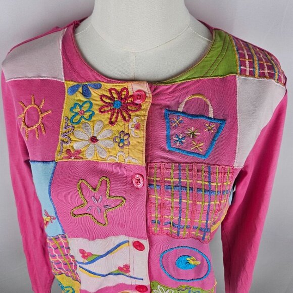 Michael Simon Embroidered Patchwork Cardigan Small Pink Flaws - Picture 3 of 13